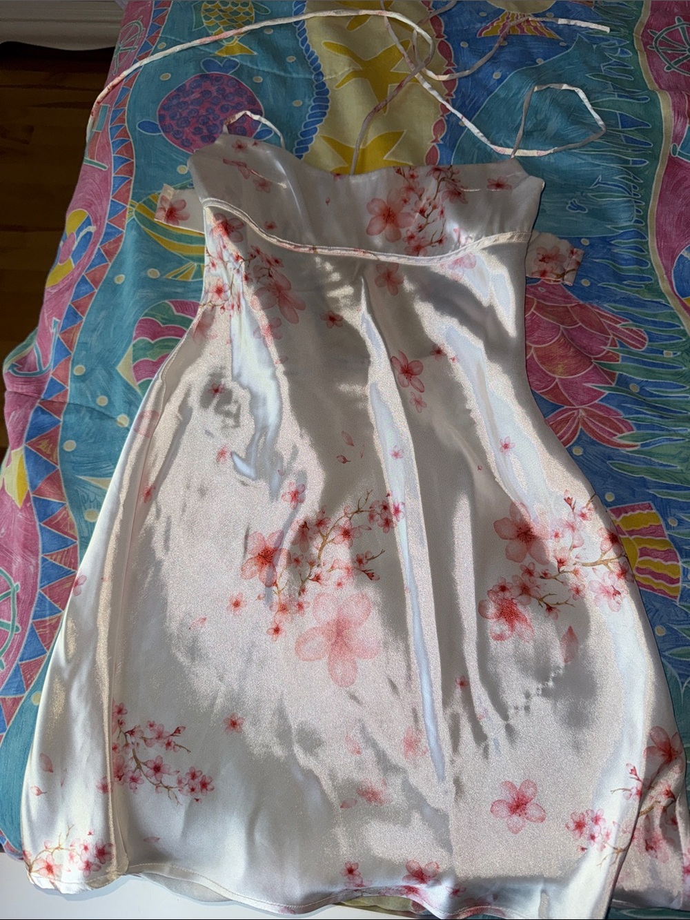 Lucy in the Sky White Satin Floral Mini Dress with Pink Blossoms